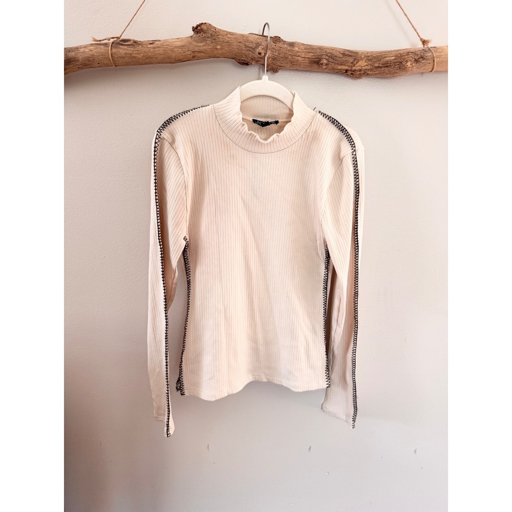 J.Crew Womens Ribbed Mock Neck Top Natural Cream Black Whipstitch CF279 Size M